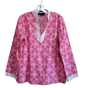 Jones New York Pink and White Stretch LongSleeve Blouse Size Large